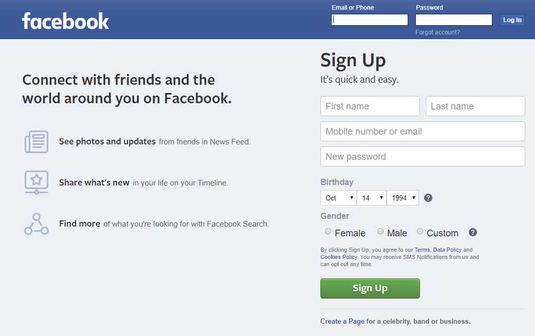 Facebook的登录页面。