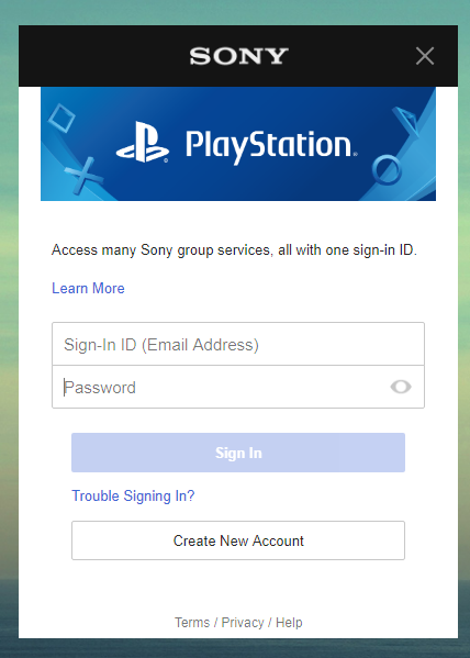 索尼PlayStation网络登录页面。