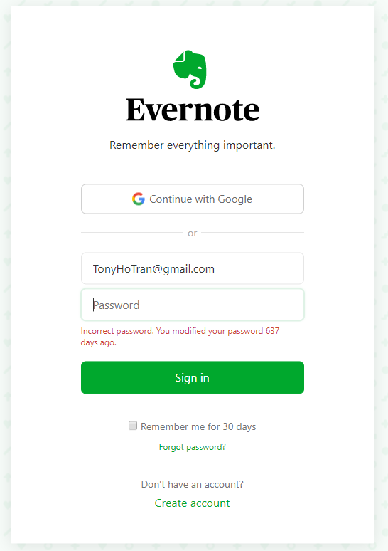 Evernote的登录页面。